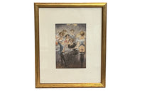 Original unsigned watercolour on paper depicting a cheeky theatrical Belle Époque cabaret salon scene, likely Parisian, circa 1895–1915.