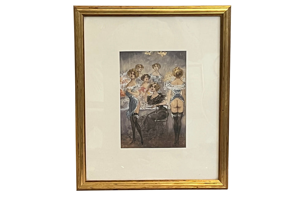 Original unsigned watercolour on paper depicting a cheeky theatrical Belle Époque cabaret salon scene, likely Parisian, circa 1895–1915.