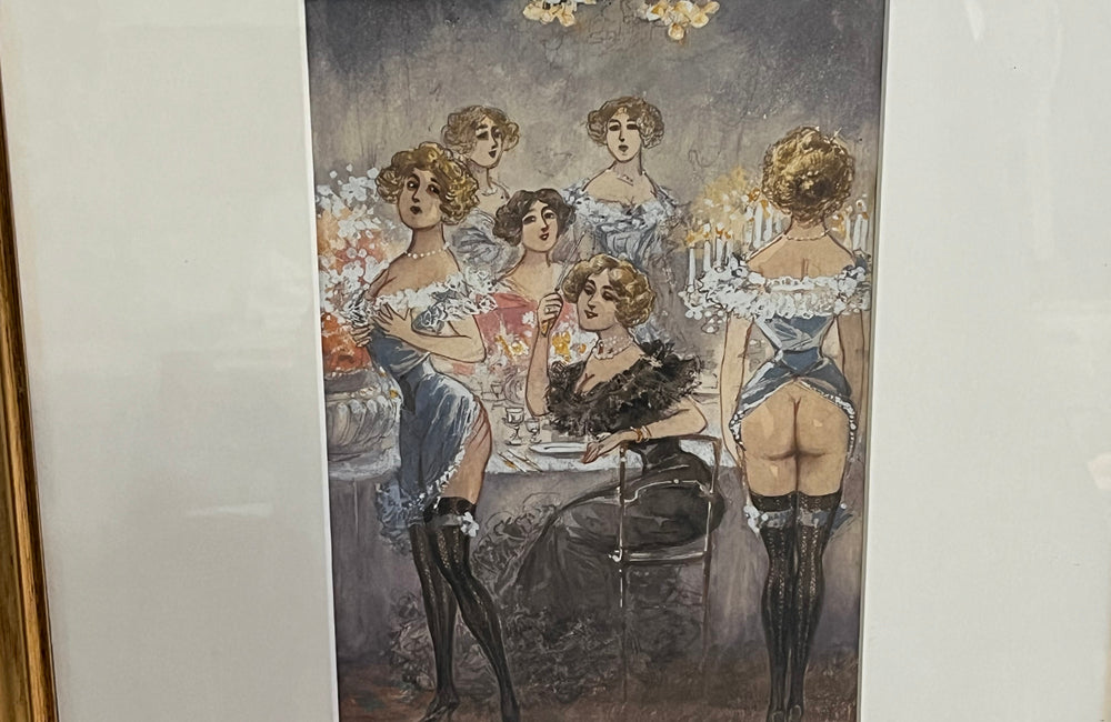 Original unsigned watercolour on paper depicting a cheeky theatrical Belle Époque cabaret salon scene, likely Parisian, circa 1895–1915.
