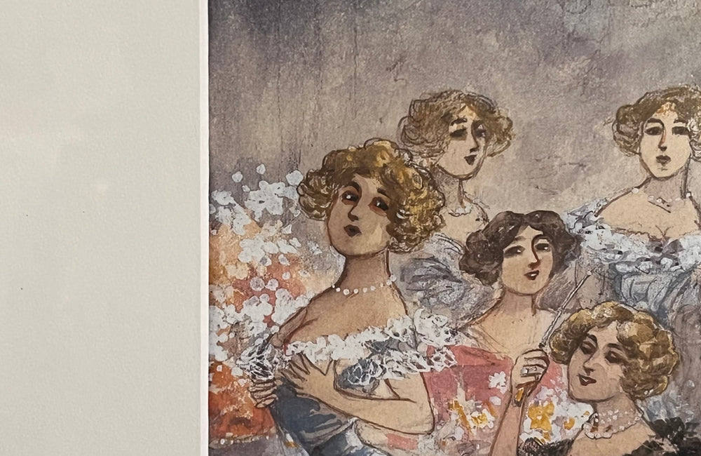 Original unsigned watercolour on paper depicting a cheeky theatrical Belle Époque cabaret salon scene, likely Parisian, circa 1895–1915.