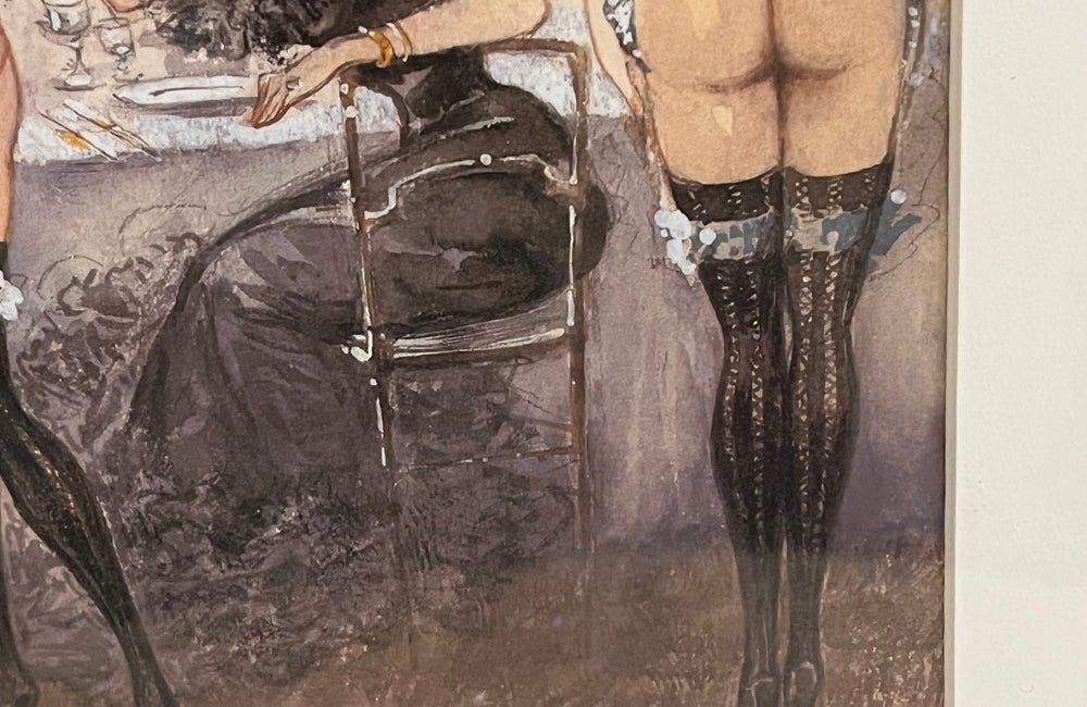 Original unsigned watercolour on paper depicting a cheeky theatrical Belle Époque cabaret salon scene, likely Parisian, circa 1895–1915.