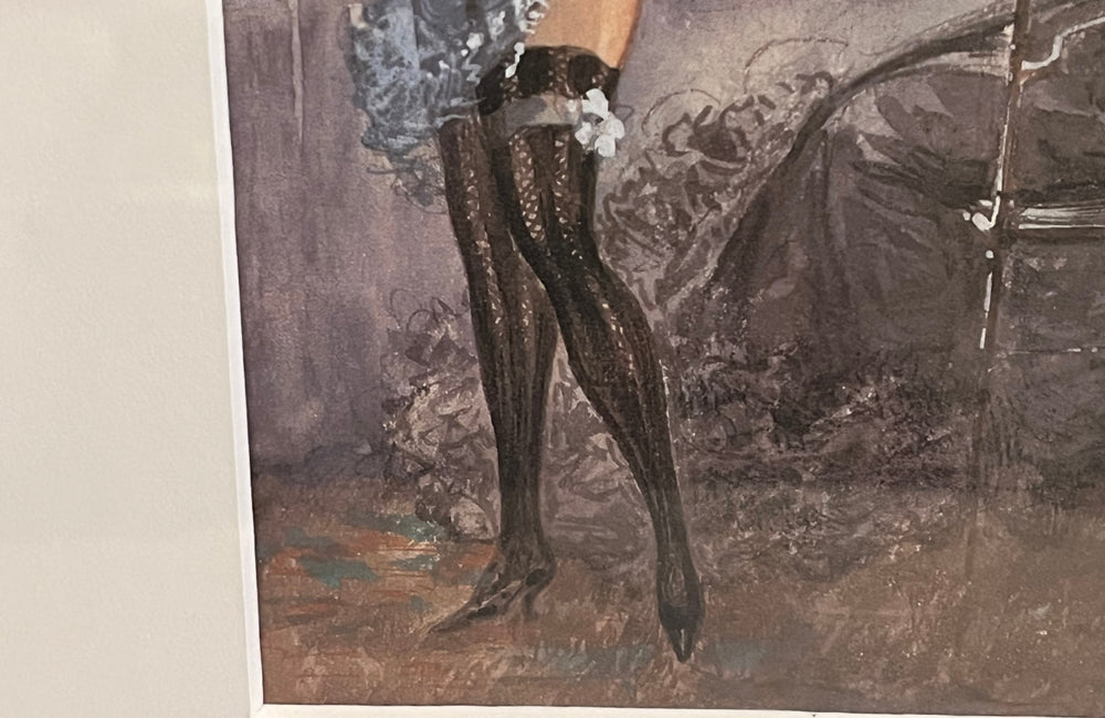 Original unsigned watercolour on paper depicting a cheeky theatrical Belle Époque cabaret salon scene, likely Parisian, circa 1895–1915.