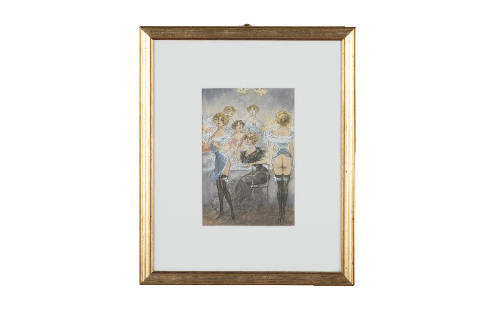 Original unsigned watercolour on paper depicting a cheeky theatrical Belle Époque cabaret salon scene, likely Parisian, circa 1895–1915.