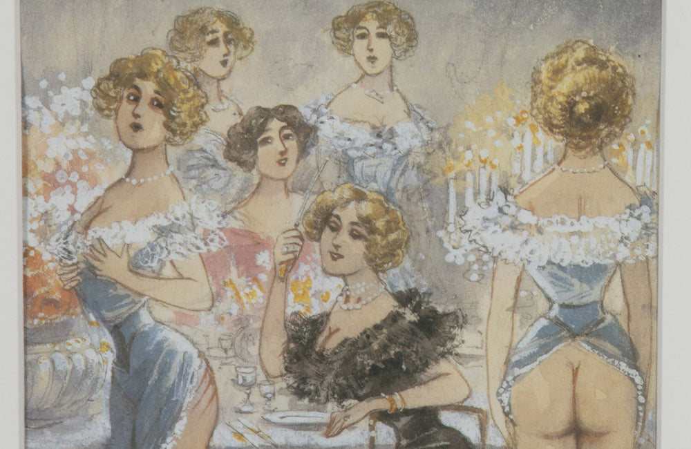 Original unsigned watercolour on paper depicting a cheeky theatrical Belle Époque cabaret salon scene, likely Parisian, circa 1895–1915.