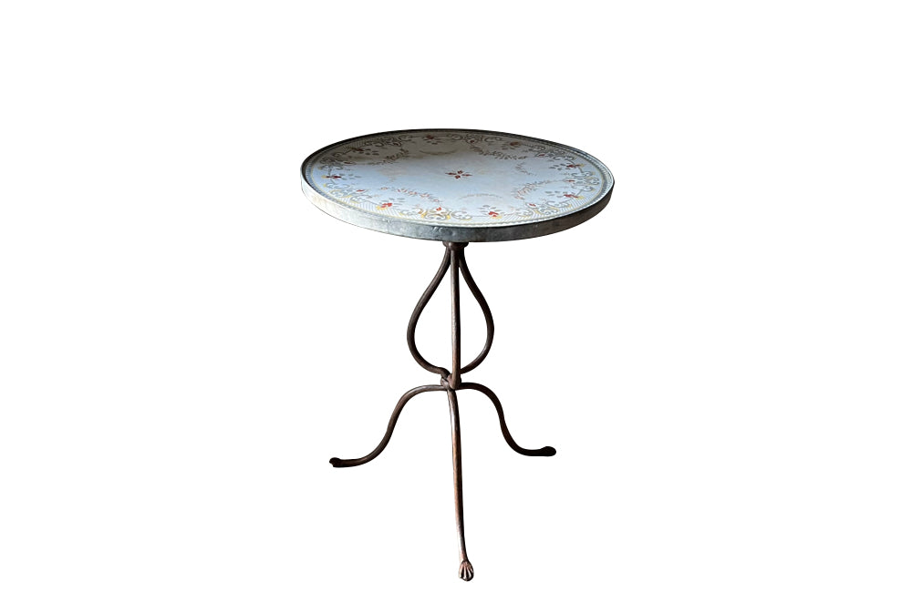 Rare 1920s French enamel top gueridon or tripod table with wrought iron base
