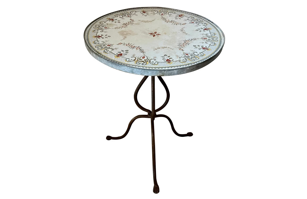 Rare 1920s French enamel top gueridon or tripod table with wrought iron base