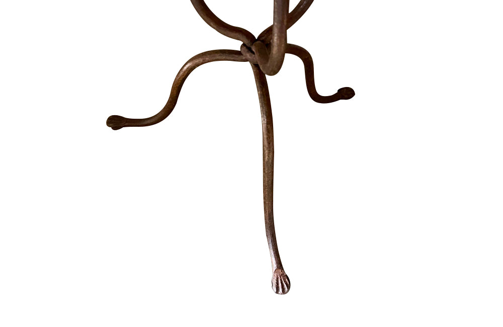 Rare 1920s French enamel top gueridon or tripod table with wrought iron base