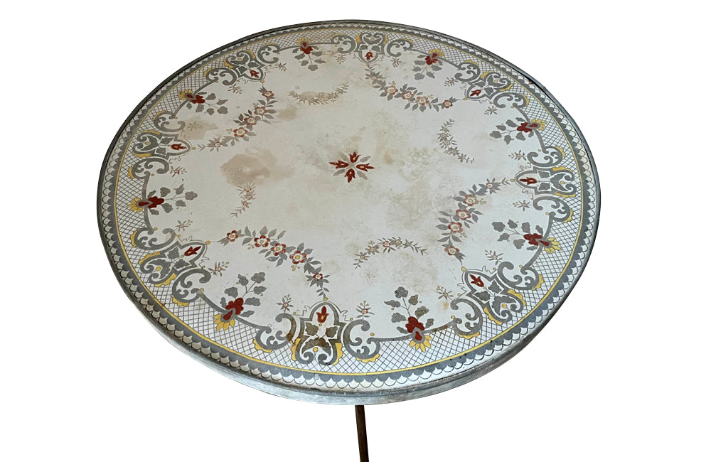 Rare 1920s French enamel top gueridon or tripod table with wrought iron base