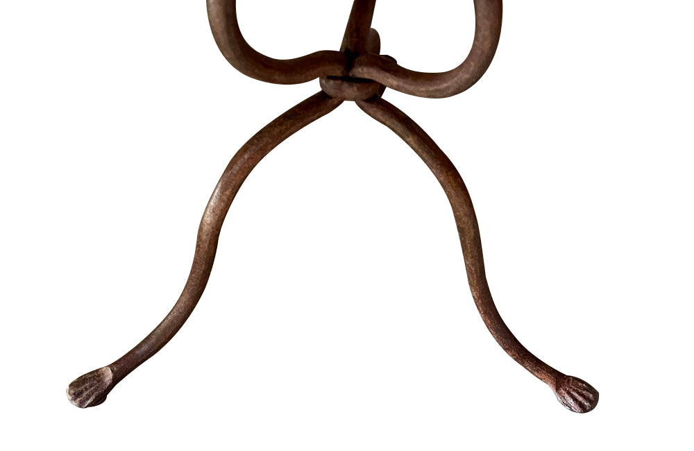 Rare 1920s French enamel top gueridon or tripod table with wrought iron base