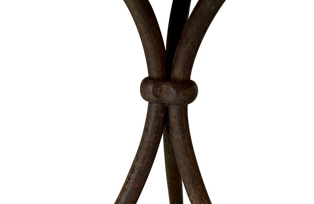 Rare 1920s French enamel top gueridon or tripod table with wrought iron base