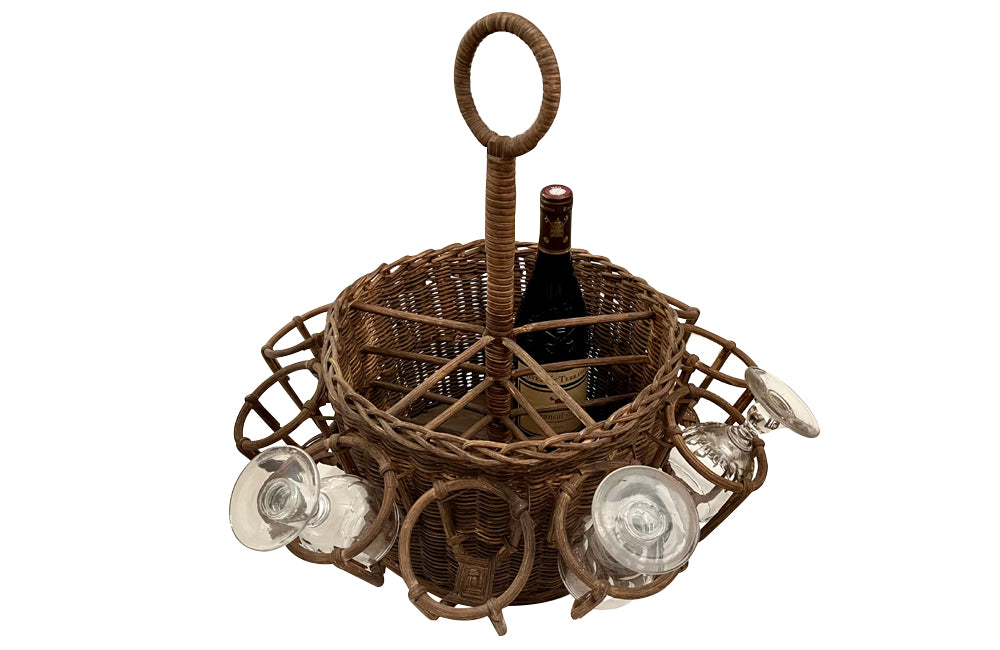 Charming early 20th Century French country wicker drinks carrier.