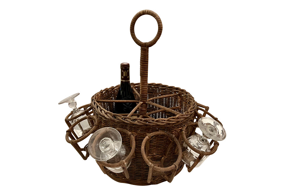 Charming early 20th Century French country wicker drinks carrier.