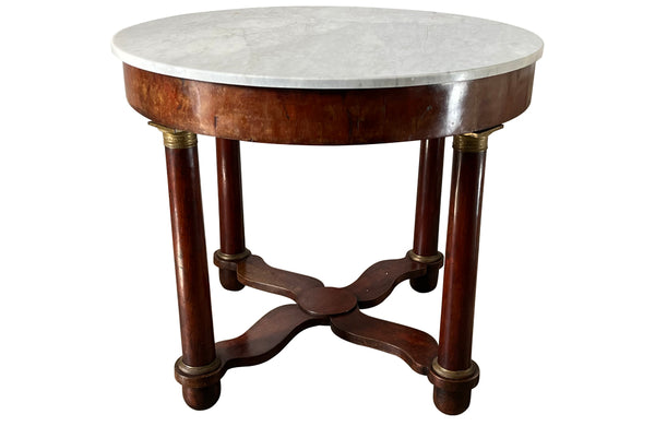 mahogany Empire centre table with Carrara marble top and stylised cross-stretcher. 