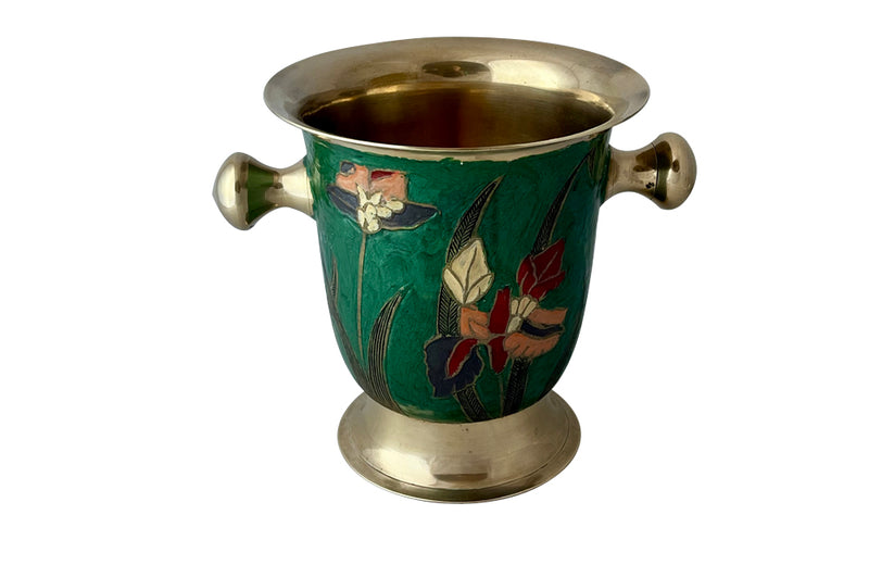 Mid-Century enamelled brass wine cooler with floral and foliate themed decoration and brass handles
