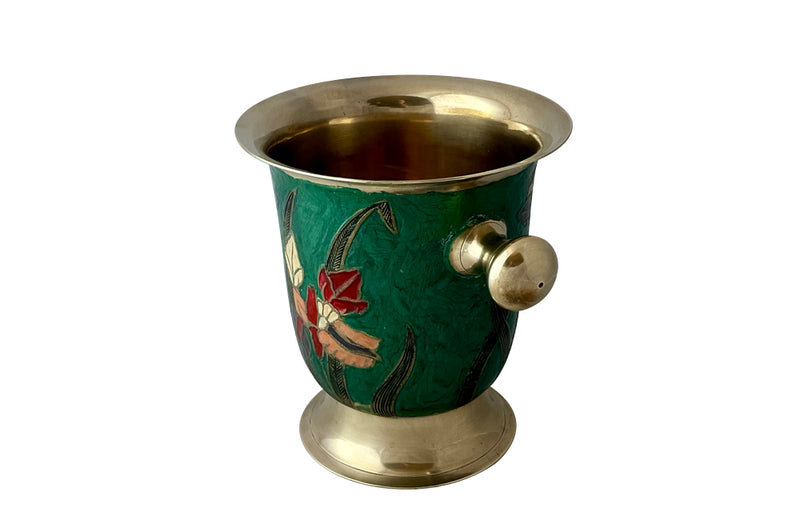 Mid-Century enamelled brass wine cooler with floral and foliate themed decoration and brass handles