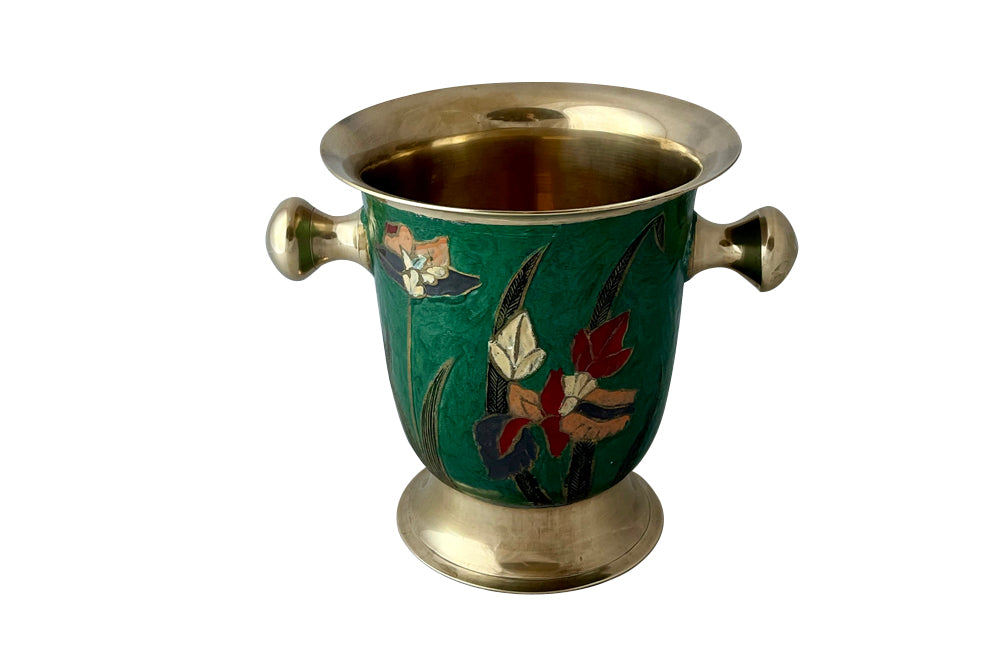 Mid-Century enamelled brass wine cooler with floral and foliate themed decoration and brass handles