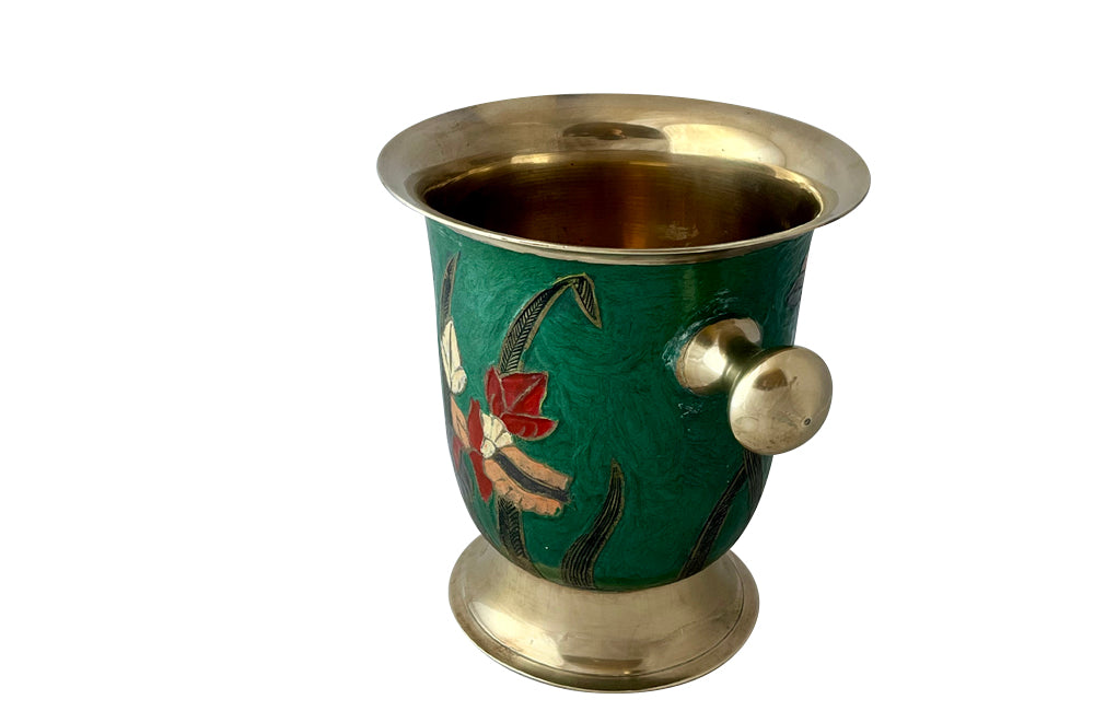 Mid-Century enamelled brass wine cooler with floral and foliate themed decoration and brass handles