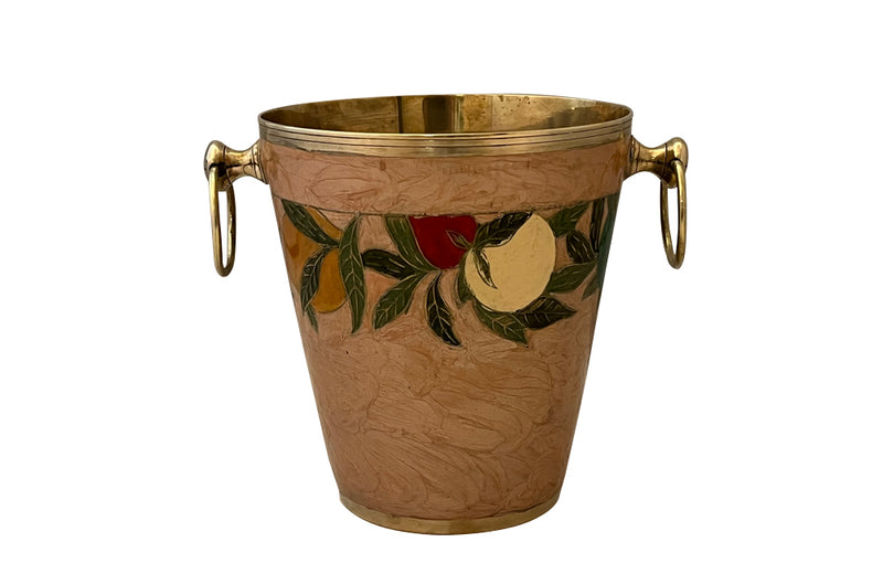 Vintage enamelled brass wine cooler with fruit themed decorative band and brass ringed handles. 