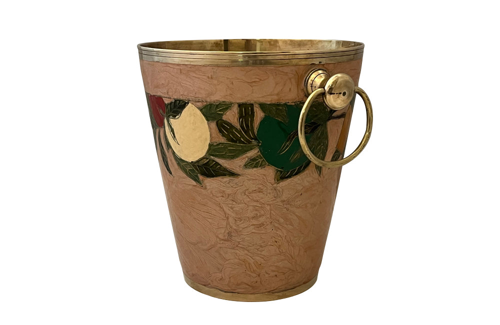 Vintage enamelled brass wine cooler with fruit themed decorative band and brass ringed handles. 