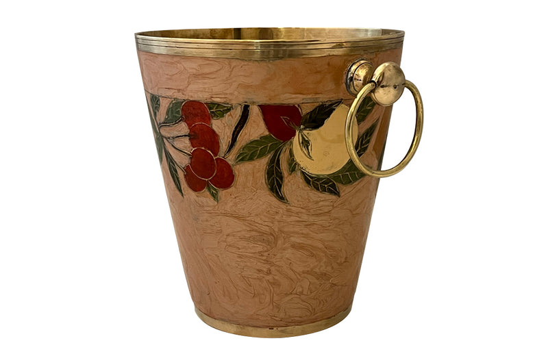 Vintage enamelled brass wine cooler with fruit themed decorative band and brass ringed handles. 