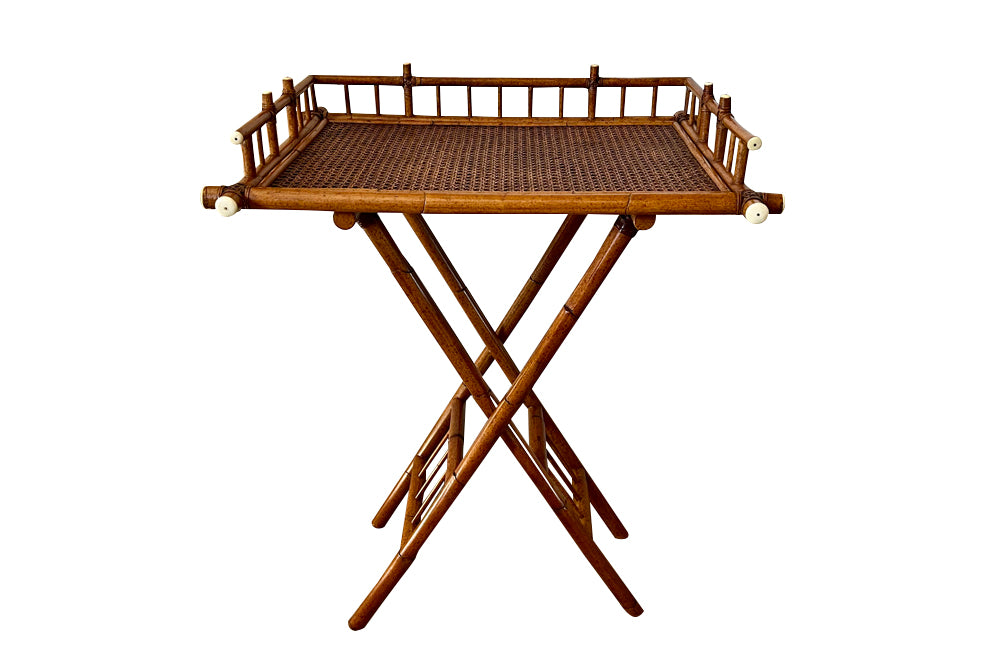 Very stylish faux bamboo and cane side table folding x- frame base by E.Murio