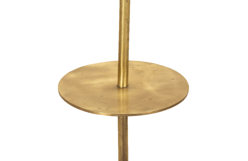 Stylish and practical Mid-Century French brass floor lamp with integrated side table and tripod base