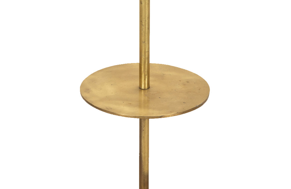 Stylish and practical Mid-Century French brass floor lamp with integrated side table and tripod base