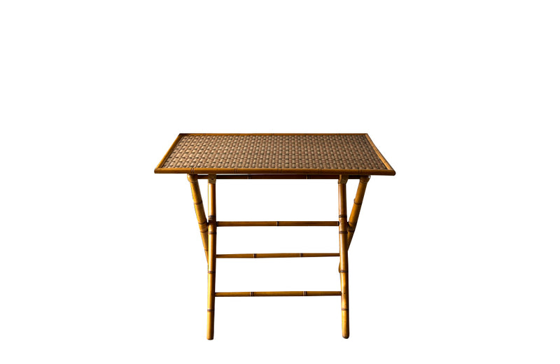 Folding faux bamboo table with coloured rattan top.