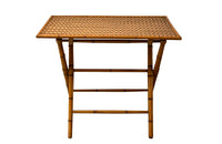 Folding faux bamboo table with coloured rattan top.