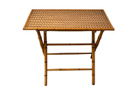 Folding faux bamboo table with coloured rattan top.