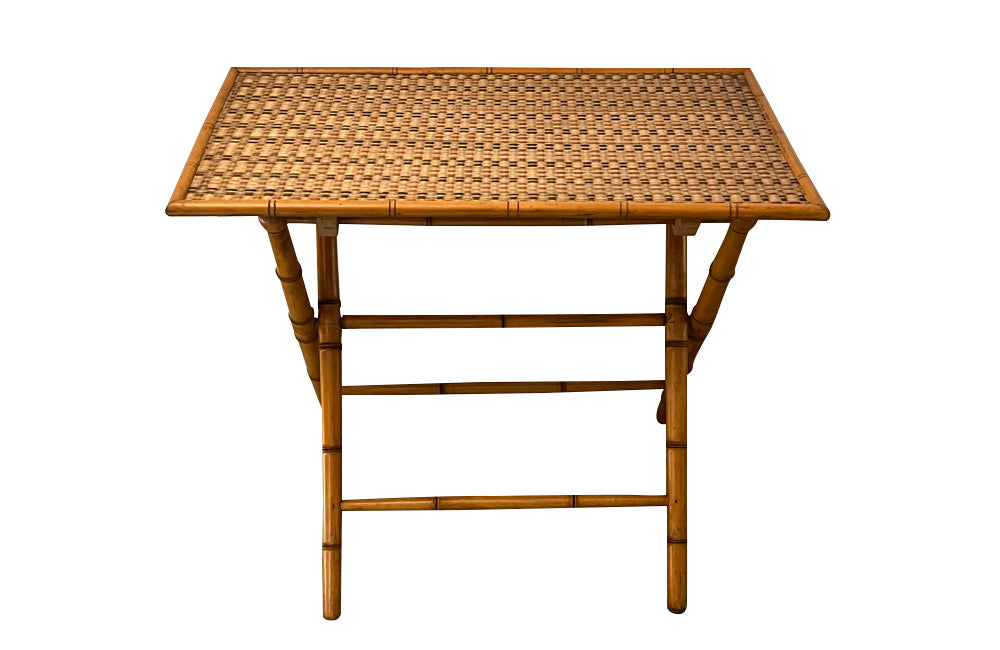 Folding faux bamboo table with coloured rattan top.