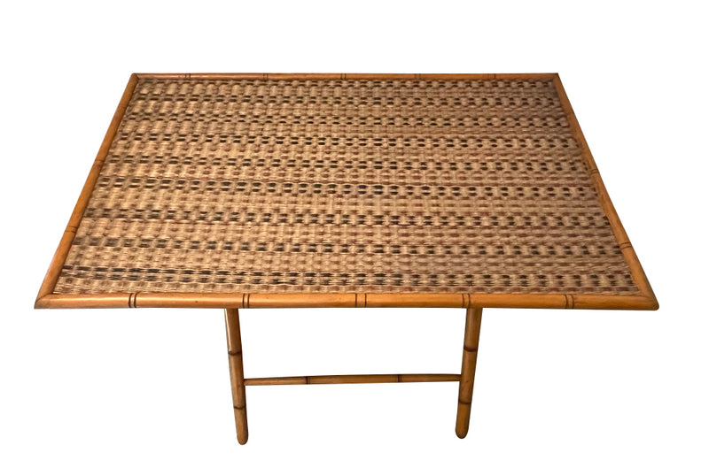 Folding faux bamboo table with coloured rattan top.