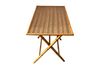 Folding faux bamboo table with coloured rattan top.
