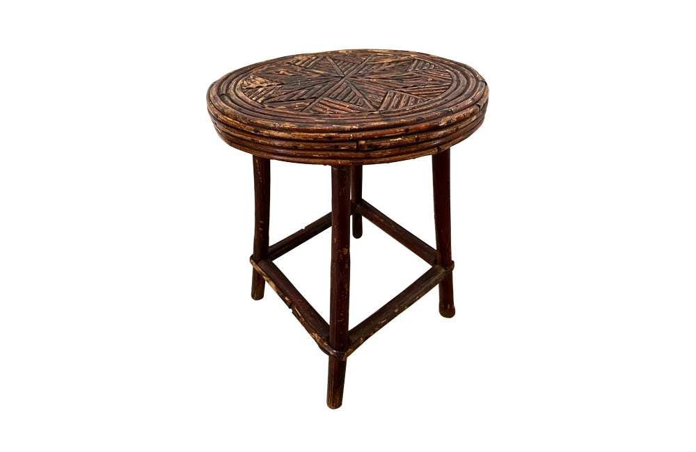 Charming little French Art Populaire twigwork occasional table or foot stool with attractive geometric star design to top. Circa 1900 - AD & PS Antiques 