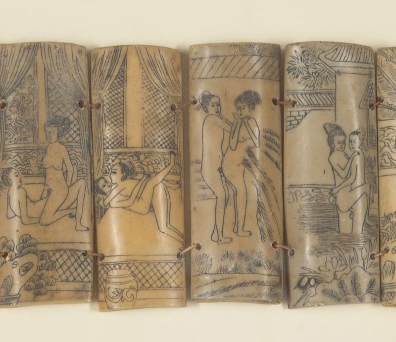 10 linked Japanese erotic 19th century Shunga bone panels presented in a glazed box frame