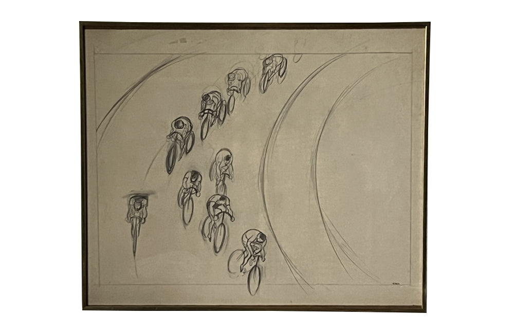  20th Century Signed Framed Drawing of Cyclists by Eller