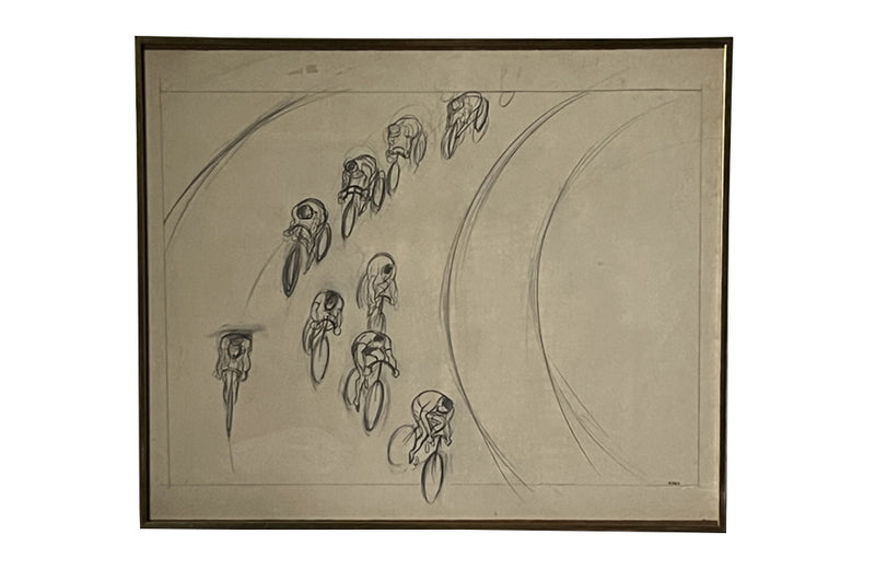  20th Century Signed Framed Drawing of Cyclists by Eller