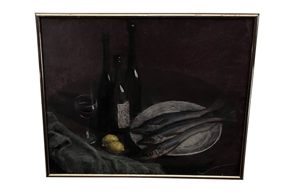 Still-life pastel of three fish on a plate with lemons , three wine bottles, a glass of wine,  basket and a draped tablecloth