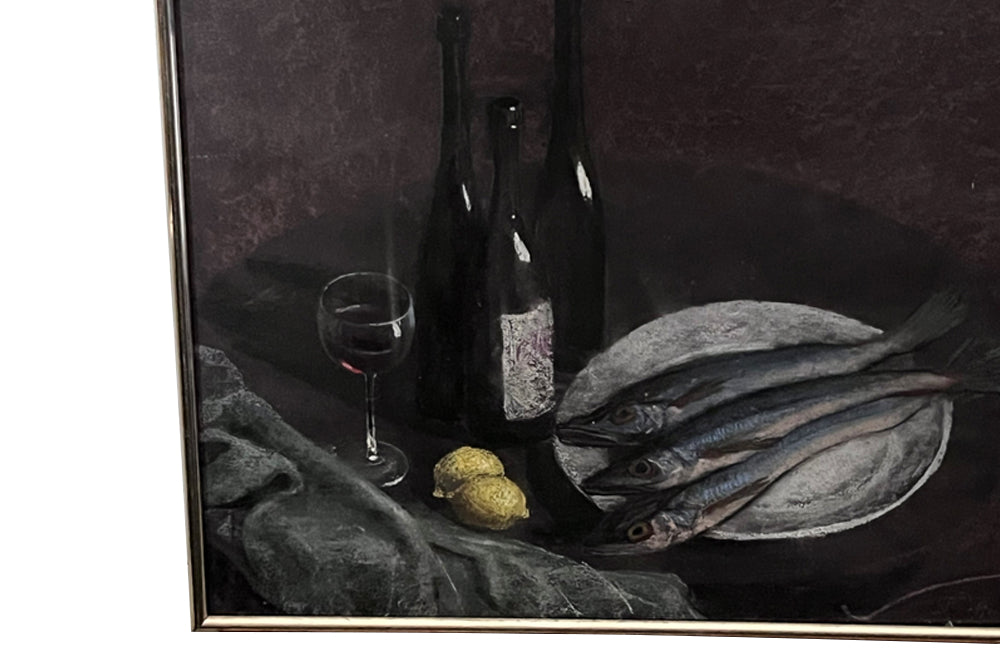 Still-life pastel of three fish on a plate with lemons , three wine bottles, a glass of wine,  basket and a draped tablecloth