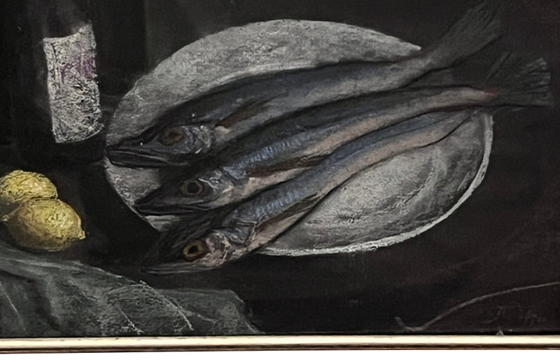 Still-life pastel of three fish on a plate with lemons , three wine bottles, a glass of wine,  basket and a draped tablecloth