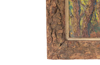 Oil on card painting of a shady forest path with pink blossoming trees signed by the artist to the lower right, Cohen