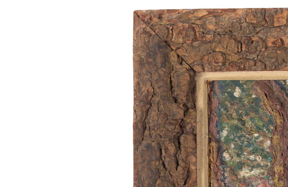 Oil on card painting of a shady forest path with pink blossoming trees signed by the artist to the lower right, Cohen