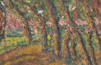 Oil on card painting of a shady forest path with pink blossoming trees signed by the artist to the lower right, Cohen