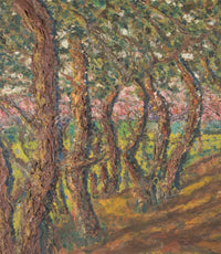 Oil on card painting of a shady forest path with pink blossoming trees signed by the artist to the lower right, Cohen