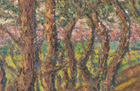 Oil on card painting of a shady forest path with pink blossoming trees signed by the artist to the lower right, Cohen