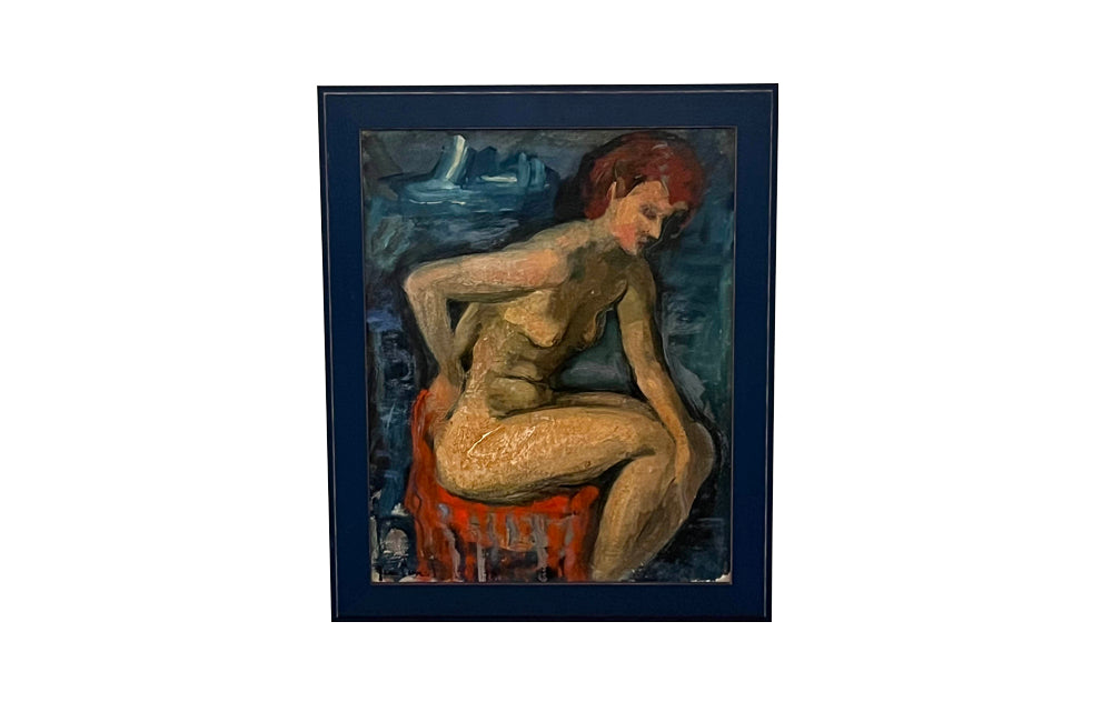 Mid-Century French oil on board of a seated female nude study by Jean Perret