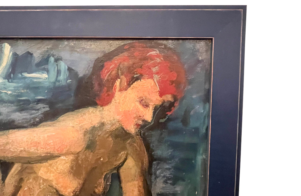 Mid-Century French oil on board of a seated female nude study by Jean Perret
