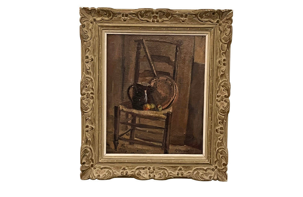 FRENCH FRAMED STILL LIFE PAINTING 'STRAWED CHAIR WITH APPLES'