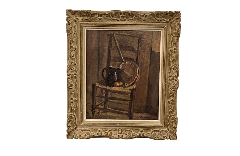 FRENCH FRAMED STILL LIFE PAINTING 'STRAWED CHAIR WITH APPLES'