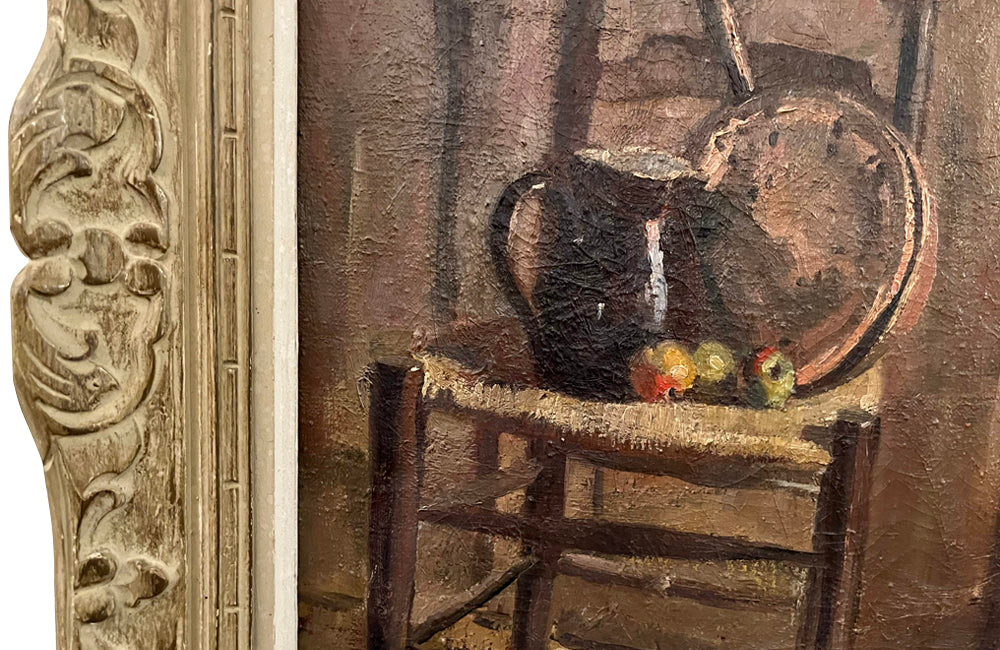 FRENCH FRAMED STILL LIFE PAINTING 'STRAWED CHAIR WITH APPLES'